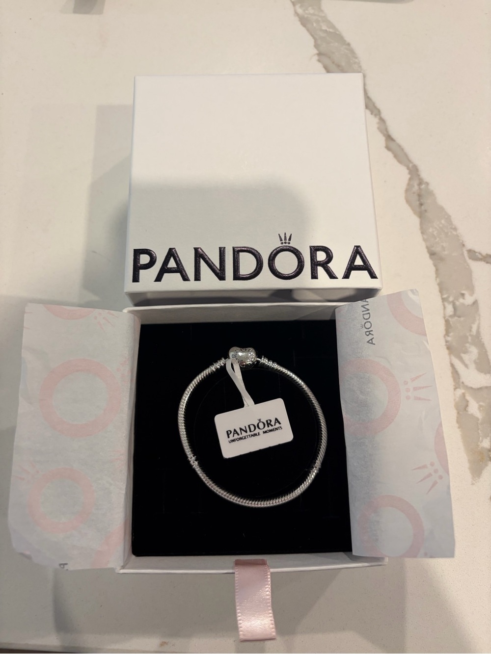 PANDORA Silver Snake Chain Charm Bracelet Barrel Heart Clasp Signed 6.3